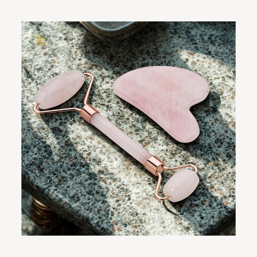 Zestaw Gua Sha i wałek – kwarc różowy
