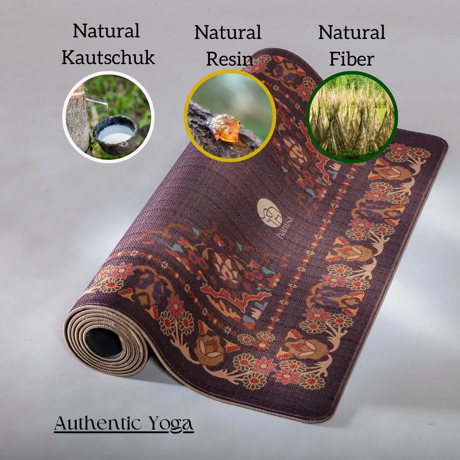 Gerollte Shiva Hamsa Yogamatte – kompakt, nachhaltig und leicht transportierbar für Yoga, perfekt für Ashtanga.