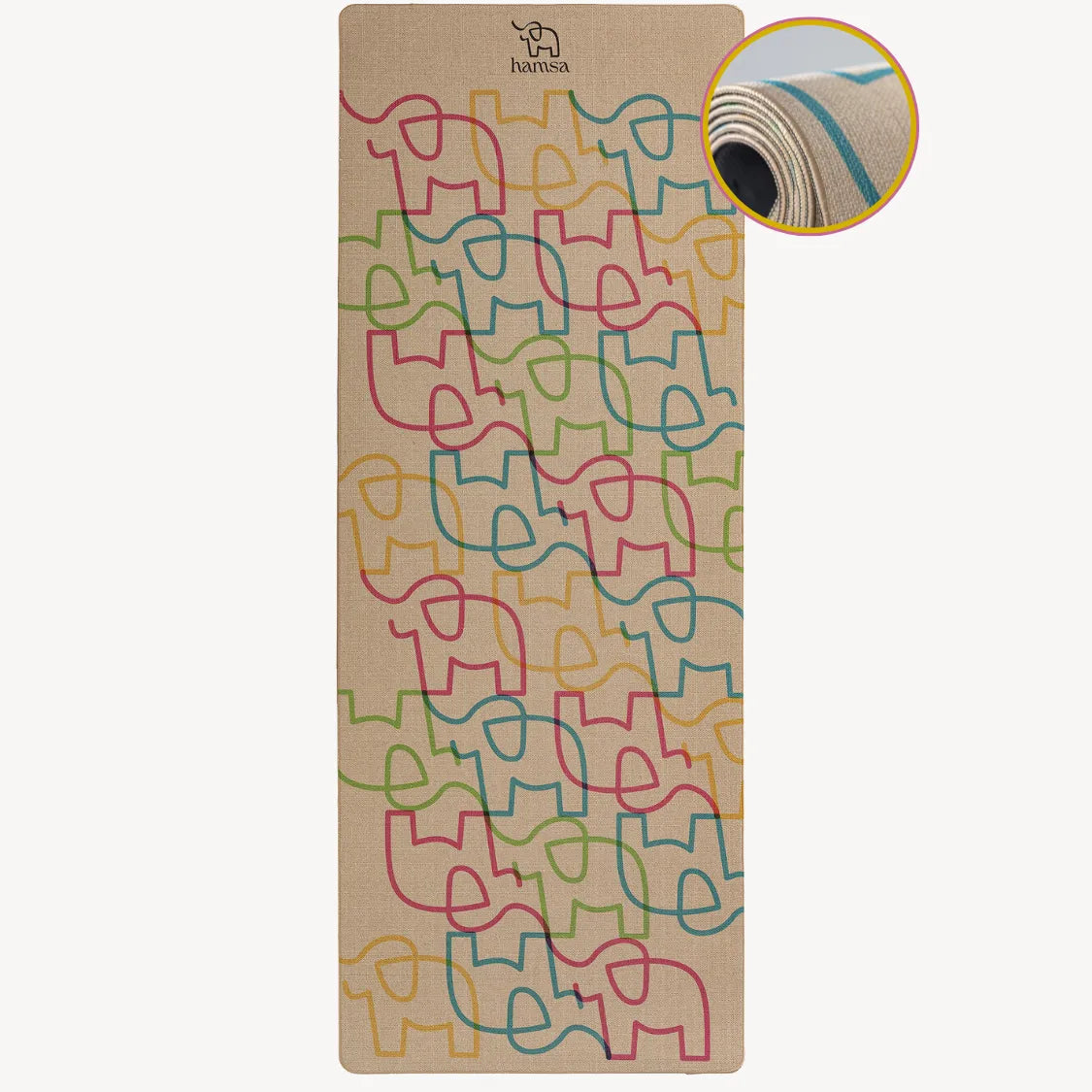 Rutschfeste Yogamatte Hamsa Elefanten mit buntem Muster